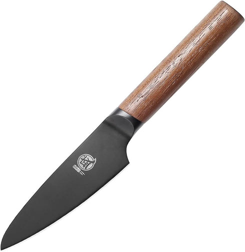 MITSUMOTO SAKARI 4.5 inch Japanese Paring Knife, Professional Black Titanium Coated Small Fruit Knife with Walnut Handle