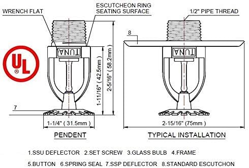 (2 Pack) 1/2 155F (68C) K=5.6 K80 TUNA UL & CUL Listed Fire Sprinkler Head Pendent Spray NPT Pendent Spray Standard