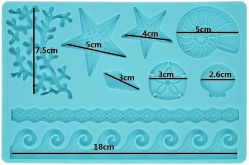 Seaweed Seashell Coral Conch Starfish Silicone Mold, Marine Theme Fondant Mold for Cake Decoration, Polymer Clay Craft