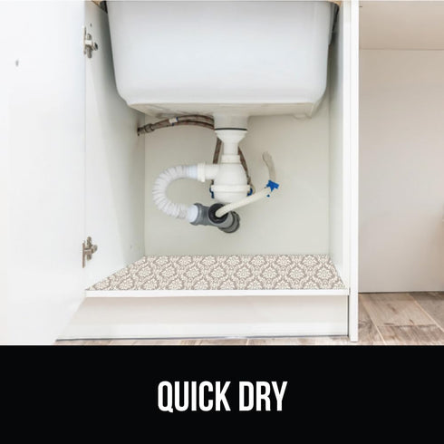 GORILLA GRIP LeakGuard Non-Adhesive Under Sink Mat, 24x40, Waterproof Quick Dry Shelf Liner, Damask Taupe Cream