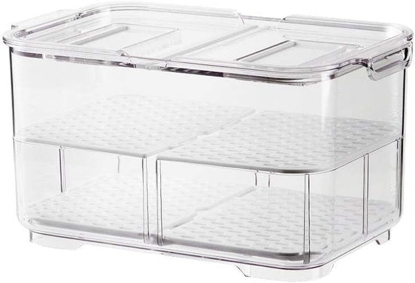 SANNO Refrigerator Food Storage Containers - Stackable Bin Organizer with Vented Lids and Removable Drain Tray