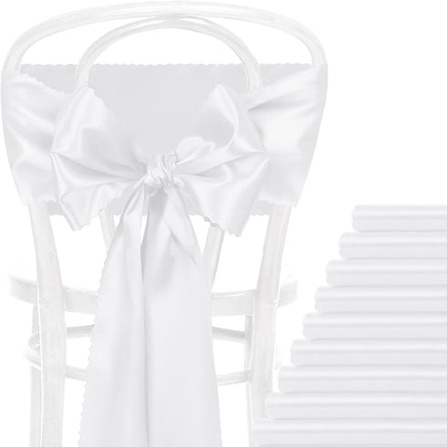 Eychei White Satin Chair Sashes Bows, 7x108 Inch Bow Ties Back Silky Dining