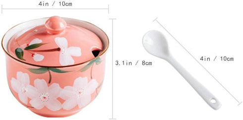 FUYU Hand-painted Flower Ceramic Condiment Pot Seasoning Jar Sugar Bowl with Lid and Spoon by FUYU