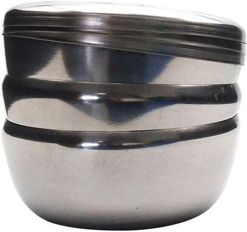 GARASANI 3 Pack Korean Traditional Stainless Steel Rice Bowl with Lid Set - Good Fortune (Silver 3Pcs)