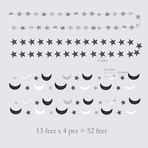 Cheerland Black Silver Moon Decoration - Star and Gothic Summerween Decor Garland for Birthday and Halloween