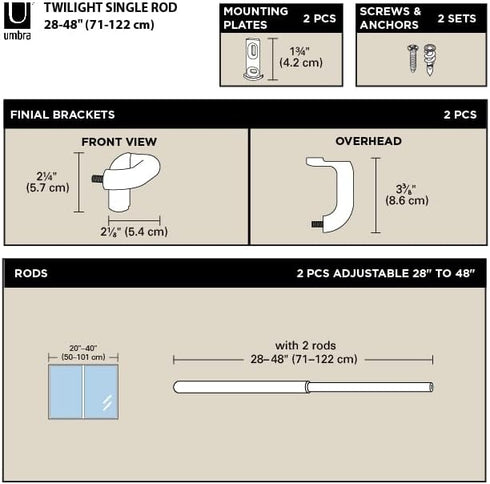 Umbra Twilight Curtain Rod Set - Wrap Around Design for Blackout or Room Darkening Panels, 28 to 48 Inches