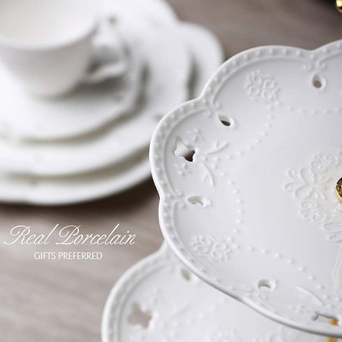 BonNoces 3-Tier Serving Tray - White Embossed Porcelain Cupcake Stand, Elegant Dessert Cake Stand for Tea Party,