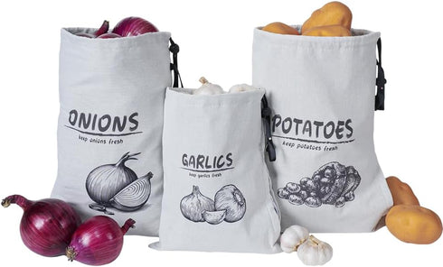 Potato Onion Garlic Storage Bag, Reusable Vegetable Storage Bags with Drawstring Closure, 3 Packs (Potato Onion Garlic