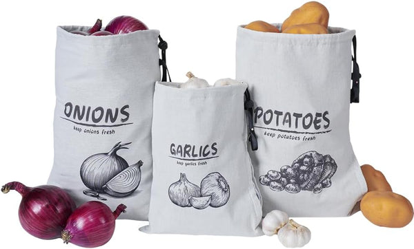 Potato Onion Garlic Storage Bag, Reusable Vegetable Storage Bags with Drawstring Closure, 3 Packs (Potato Onion Garlic