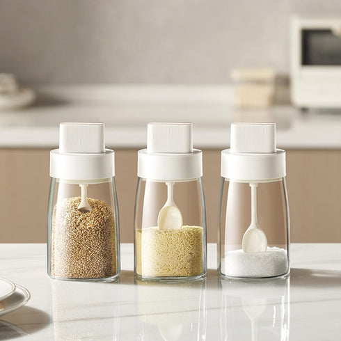 Kitchen Sodium Calcium Glass Spice Jars, Seasoning Box Set of 3 with Airtight Cap, Retractable Spoon and Lid Design