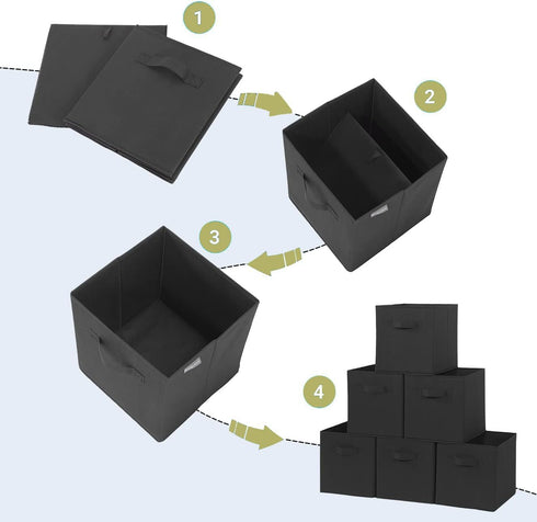 Set of 6 Storage Cubes, 11 Inch Fabric Foldable Bins with Handles, Closet Organizer Baskets for Shelves, Black.