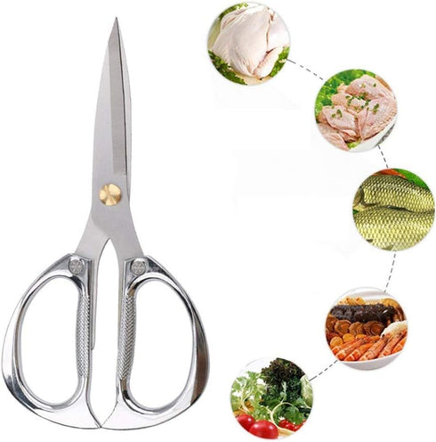 Heavy Duty Stainless Steel Multi-purpose Kitchen Shears Scissors (Silver) with Strong Straight Edge Snips