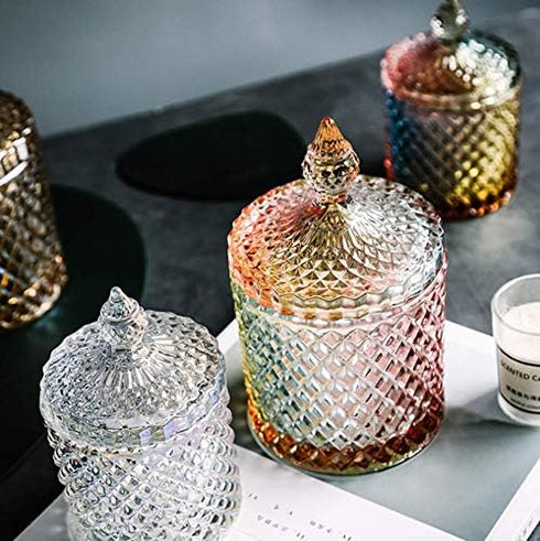 1PCS 300ml/10oz Empty Cylindrical Diamond Crystal Glass Candy Dish, Storage Container with Caps