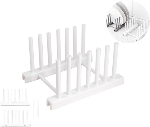 White Plate Organizer for Cabinet, 4 Pack Plastic Rack Stand for Dish, Bowl, Bakeware, Serving Tray