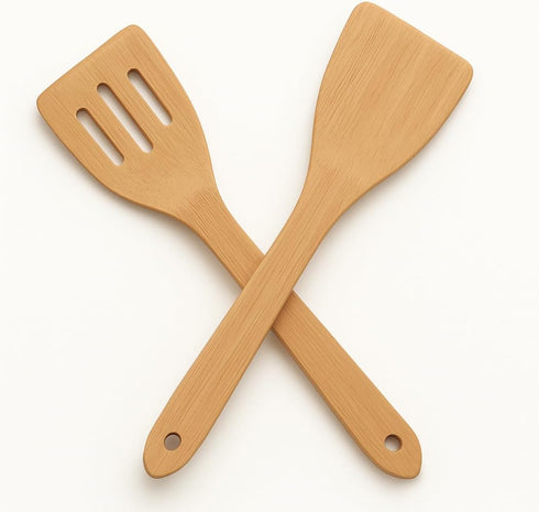 Set of 2 Large Bamboo Spatulas - 12" Wooden Cooking Utensils for Non-Stick Cookware, Eco-Friendly Kitchen Turner Tools