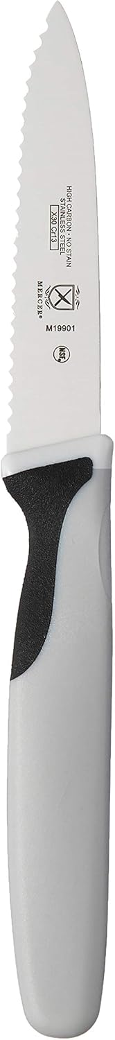 Mercer Culinary M19903 3-Pack Slim Serrated Paring Knives, Black Handle, 3-Inch