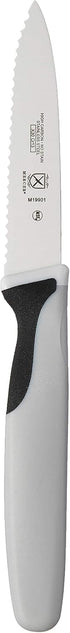 Mercer Culinary M19903 3-Pack Slim Serrated Paring Knives, Black Handle, 3-Inch