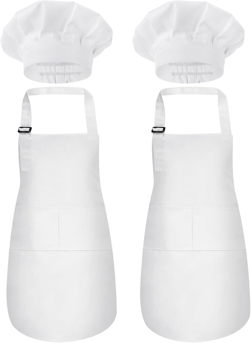 2 Pack Kids Chef Apron and Hat - Adjustable Kitchen Cooking Apron with Two Pockets for Boys and Girls