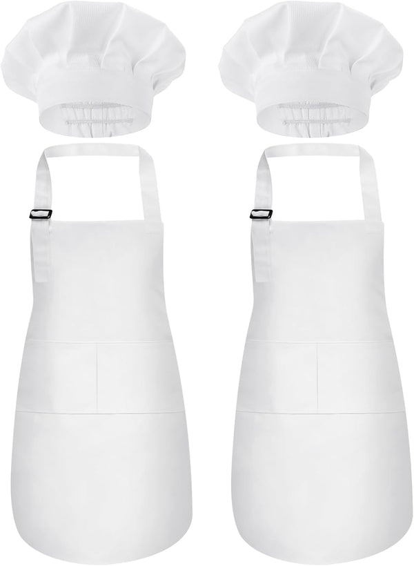 2 Pack Kids Chef Apron and Hat - Adjustable Kitchen Cooking Apron with Two Pockets for Boys and Girls