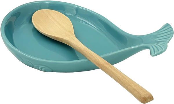 Ceramic Spoon Rest for Kitchen, Whale Shape, 4.8W x 7.8L with Wooden Spoon