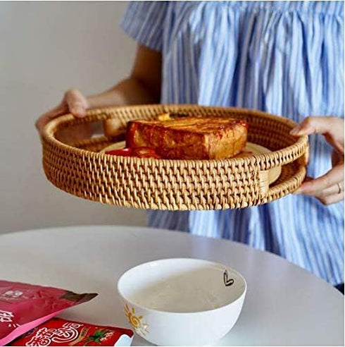 YANGQIHOME Rattan Round Serving Tray - Decorative Coffee Table Tray, Hand Woven Serving Basket with Handles