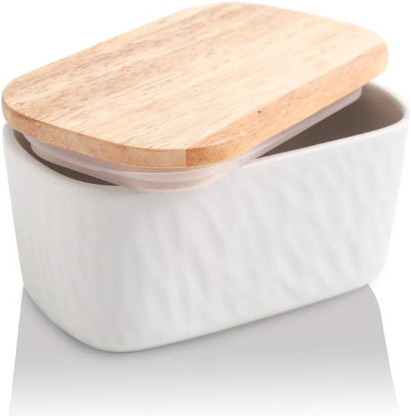 KOOV White Porcelain Large Butter Dish with Lid, Airtight Container with Oak Lid for 2 Sticks of Butter