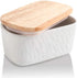 KOOV White Porcelain Large Butter Dish with Lid, Airtight Container with Oak Lid for 2 Sticks of Butter
