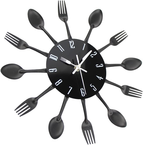 Timelike Kitchen Wall Clock (3D Removable Modern Creative Cutlery Design, Black, Wall Decal Room Decoration)