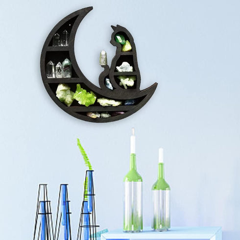 Faddare 1 11.8x11.8x3cm, Wooden Moon Shelf, Shelf, Rustic, Accent Shelf, Decorative Shelf, Black, for Living Room