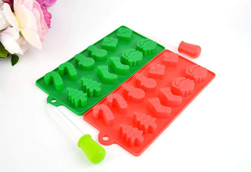 4 pcs (2 Molds + 2 Droppers) Red/Green Christmas Holiday Food Grade Silicone Mold Set for Making Chocolate Candy Ice