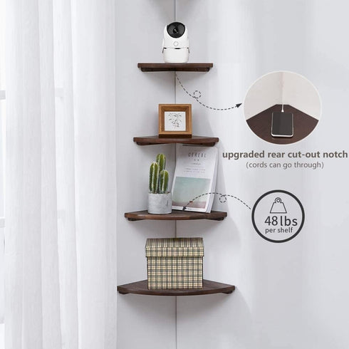 Set 2 7inch Corner Shelves, Floating Corner Shelf, of Solid Oak Wood Corner Wall Shelves, Round End with Wire Hole