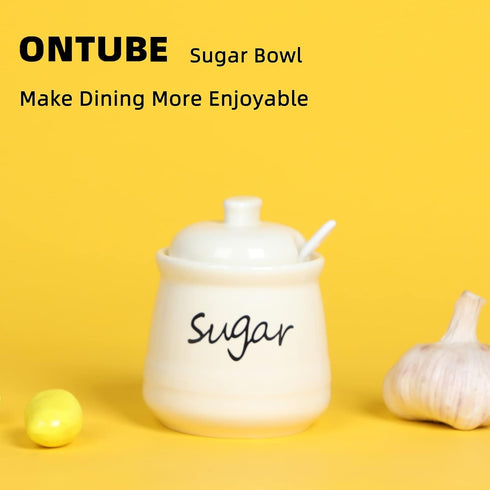 ONTUBE Ceramic Sugar Bowl with Lid and Spoon, 12oz (beige)