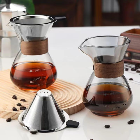 Pour Over Coffee Maker with Double Layer Stainless Steel Filter, 13.5oz/400ml Borosilicate Glass Carafe, Wooden Collar