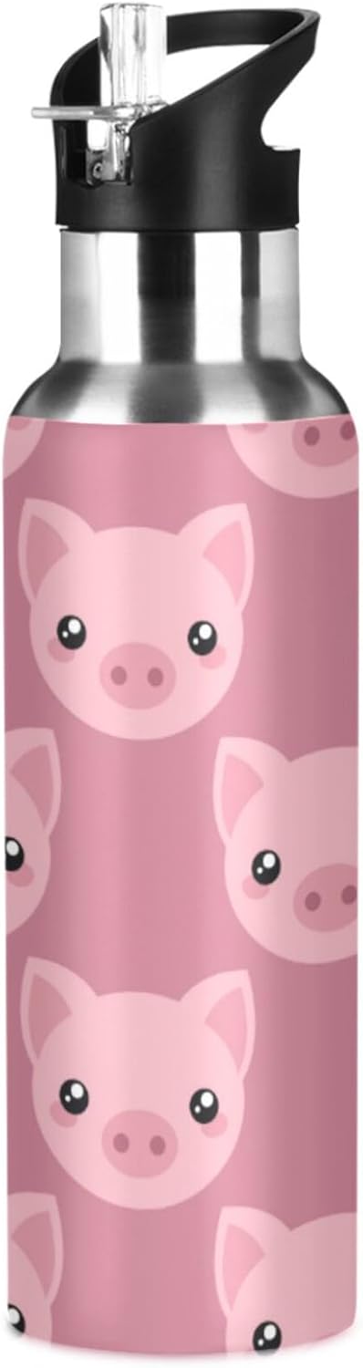 ZZKKO 32oz Stainless Steel Water Bottle with Straw, Cartoon Cute Pig Thermos for Kids