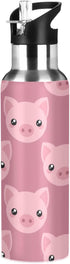 ZZKKO 32oz Stainless Steel Water Bottle with Straw, Cartoon Cute Pig Thermos for Kids