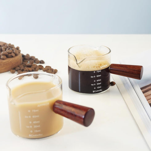 1 Pack Double Spouts Measuring Triple Pitcher Milk Cup with Wood Handle - 75ML Espresso Shot Glasses Parts Clear Glass