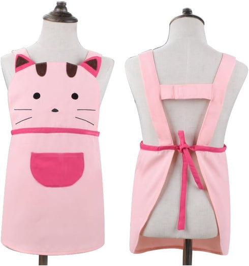 Love Potato Cute Girls Toddler Cartoon Cat Embroidered Cotton Kitchen Cooking Baking Apron for Kids 2-4 Years Old - Pink