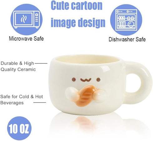 Mugs,10 oz Creative Kawaii Anime Ceramic Coffee Hand-made Tea Cups, Cute Gifts For Women Men Kids (Bread)