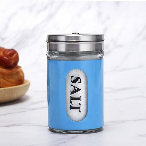 Salt and Pepper Shakers Stainless Steel and Glass Set with Adjustable Pour Holes, Blue