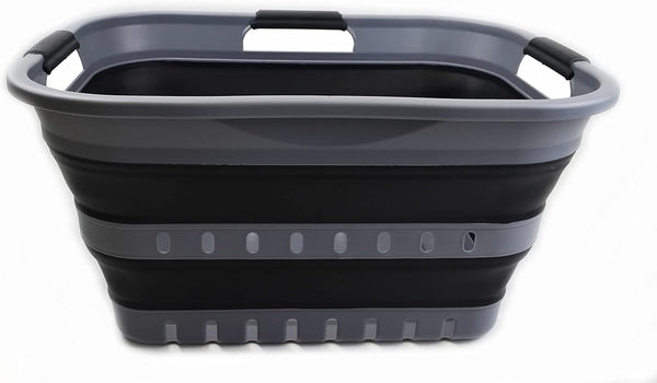 SAMMART 30L (8 Gallon) Collapsible Plastic Laundry Basket - Foldable Pop Up Storage Container (Grey/Black)