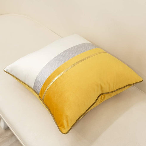 Avigers 18 x 18 Inches Yellow White Gold Leather Striped Patchwork Velvet Cushion Case for Couch, Living Room