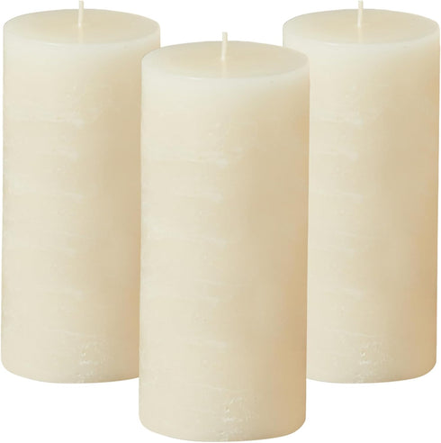 Simply Soson 3x6 inch Ivory Pillar Candles Set of 3, Rustic Texture, Unscented, Dripless for Weddings