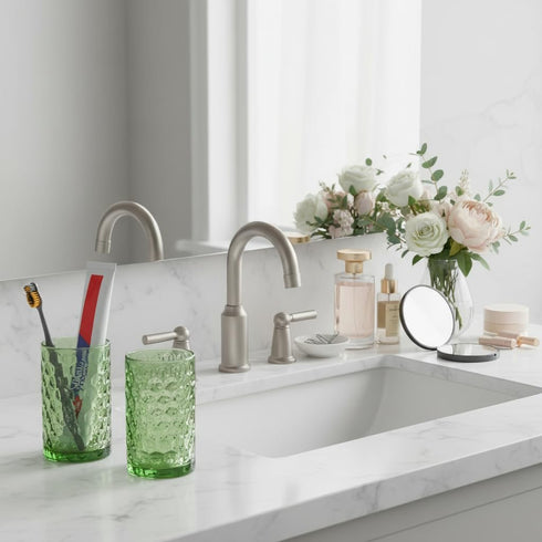 Tonxus Set, 11oz Set, Countertop Bathroom Toothbrush Holder Green Glass Toothbrush Holder and Bathroom Tumbler Cup