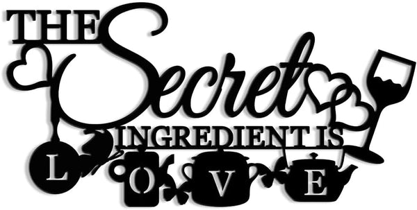 The Secret Ingredient is Love Metal Wall Art Sign - Farmhouse Kitchen Decor, Housewarming Gift (Black - 16 x 8 inch)