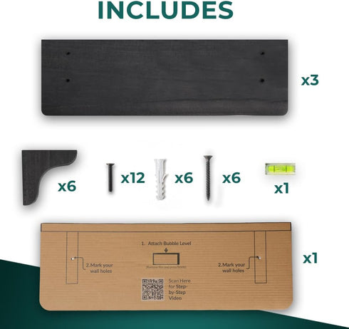 17 inch (3 Pack) Real Wood Black Shelves for Wall - - Easy to Install, Template and Video Included - Black Wall Shelf