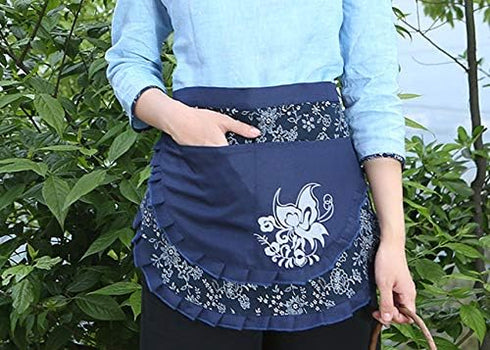 Love Potato Woman Vintage Floral Print Half Creative Craft Apron, Blue, with 2 Pockets