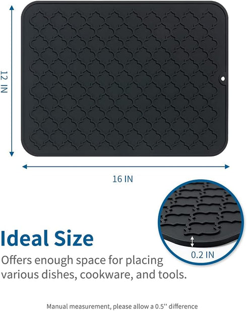 AMOAMI Dish Drying Mat - Silicone Drying Pad - Heat Resistant Kitchen Gadget - Black (12" x 16")