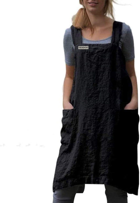 YESDOOD Cotton Linen Apron, Cross Back Apron for Women with Pockets, Pinafore Dress for Cooking