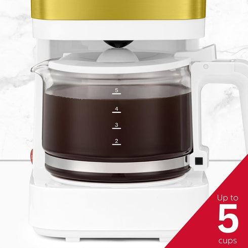 Holstein Housewares 5-Cup Coffee Maker, Pause N Serve, One-Touch Operation, Non-Stick Warming Plate, White and Gold