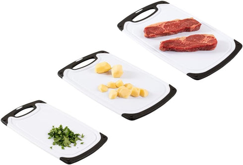 Comfy Grip 3-Piece Cutting Board Set, Food-Grade Kitchen Boards with Deep Juice Grooves, White and Black